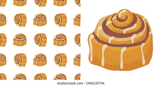 Cinnamon Bun Cartoon Style Vector Illustration. Baked Sweet Roll Isolated Doodle Icon On White Background. Design Clip Art For Cafe Menu, Flier, Chalk Board. Fresh Swedish Kanelbulle Swirl Pastry.