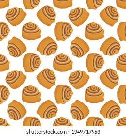 Cinnamon bun cartoon style vector illustration. Baked sweet roll seamless pattern background. Design clip art for cafe menu, flier, chalk board. Fresh Swedish kanelbulle swirl pastry.