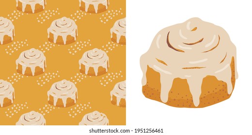 Cinnamon bun cartoon style vector illustration. Baked sweet roll isolated doodle icon on white background. Design clip art for cafe menu, flier, chalk board. Fresh Swedish kanelbulle swirl pastry.
