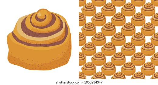 Cinnamon bun cartoon style vector illustration. Baked sweet roll isolated doodle icon on white background. Design clip art for cafe menu, flier, chalk board. Fresh Swedish kanelbulle swirl pastry.