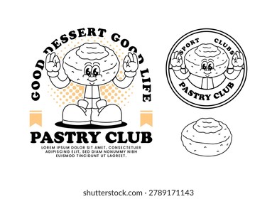 Cinnamon bun dessert retro cartoon character mascot illustration with standing and ok hands pose for cafeteria, bakery, restaurant, pastry and bakehouse merchandise