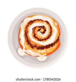 Cinnamon Bun as Dessert Served on Plate Vector Illustration