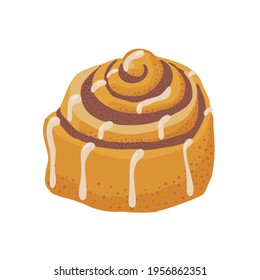 Cinnamon bun with frosting cartoon style vector illustration. Baked sweet roll doodle icon. Design clip art for cafe menu, flier, chalk board. Fresh Swedish kanelbulle swirl pastry.