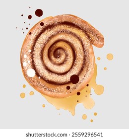 Cinnamon bun, hand-painted. Watercolour. Sweet pastries  