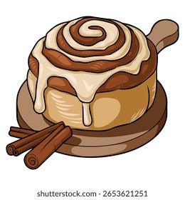 Cinnamon bun with icing sweet isolated vector illustration on white background