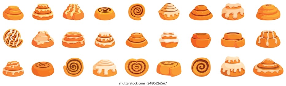 Cinnamon bun icons set. Freshly baked cinnamon rolls with white icing, perfect for a bakery menu or website