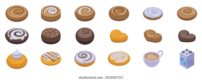 Cinnamon bun icons set. Sweet pastries with different toppings and shapes, perfect for a delicious breakfast or snack