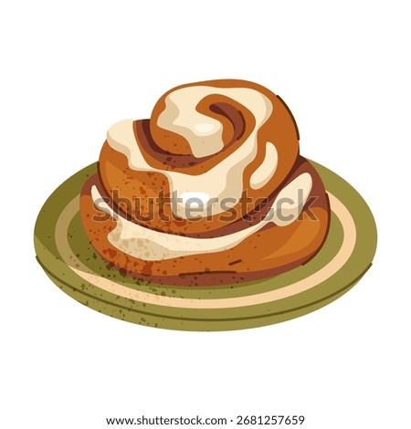 Cinnamon bun on plate. Vector bakery or pastry, dessert, homemade food, delicious confectionery for breakfast or brunch. Culinary with spice and glaze, sugar icing. Spiral dough for candy shop or cafe