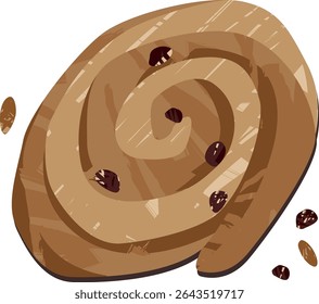 Canela com passas e sementes de trigo. Cozinha de pastelaria ou arte da parede do café. Ilustração pintada à mão de vetor texturizado isolada no fundo transparente. 