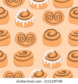 Cinnamon bun seamless pattern. Sweet roll with sugar glaze and chocolate on beige background. Vector illustration 