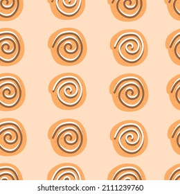 Cinnamon bun seamless pattern. Sweet roll with sugar glaze and chocolate on beige background. Top view. 