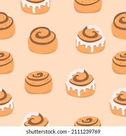 Cinnamon bun seamless pattern. Sweet roll with sugar glaze and chocolate on beige background. Vector illustration 