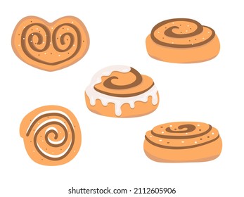 Cinnamon bun set. Sweet roll with sugar, glaze and chocolate, isolated on white background. Vector illustration