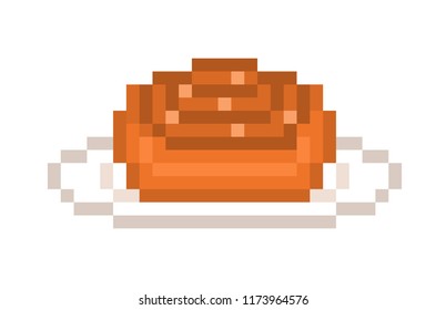 Cinnamon bun, sweet roll served on a plate, pixel art illustration isolated on white background. Homemade breakfast. Cafe restaurant bakery sweet menu element. Pastry dessert recipe. Chocolate swirl.