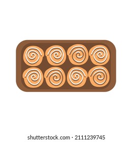 Cinnamon bun. Sweet roll with sugar glaze and chocolate on dish, isolated on white background. Top view. 