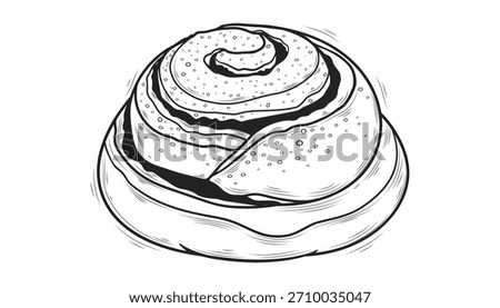Cinnamon Bun. Vector illustration of a snail bun, hand-drawn in line art style. Close-up.