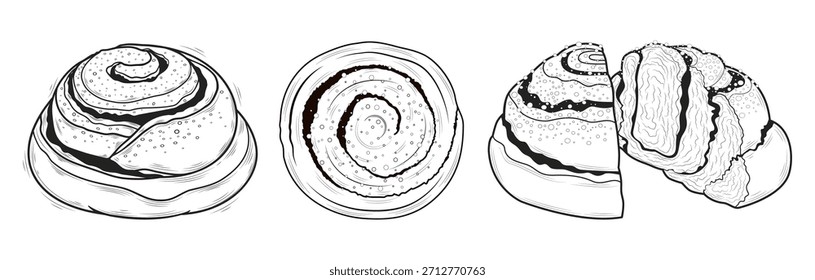 Cinnamon Bun Vektor Set in drei Winkeln. Schwarze und weiße Linie Art. Nahaufnahme Illustration auf Weiß