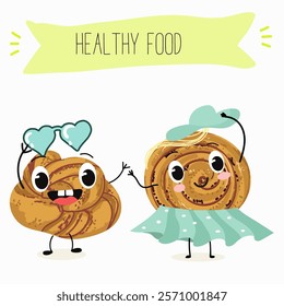 Cinnamon buns illustration, hand drawn, isolated vector illustration, funny pastry cute cheerful characters. Vector hand drawn illistration.