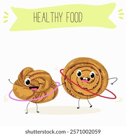 Cinnamon buns illustration, hand drawn, isolated vector illustration, funny pastry cute cheerful characters. Vector hand drawn illistration.