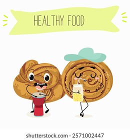 Cinnamon buns illustration, hand drawn, isolated vector illustration, funny pastry cute cheerful characters. Vector hand drawn illistration.