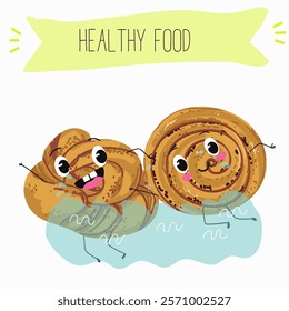 Cinnamon buns illustration, hand drawn, isolated vector illustration, funny pastry cute cheerful characters. Vector hand drawn illistration.