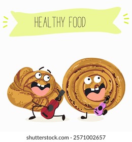 Cinnamon buns illustration, hand drawn, isolated vector illustration, funny pastry cute cheerful characters. Vector hand drawn illistration.