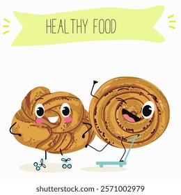 Cinnamon buns illustration, hand drawn, isolated vector illustration, funny pastry cute cheerful characters. Vector hand drawn illistration.