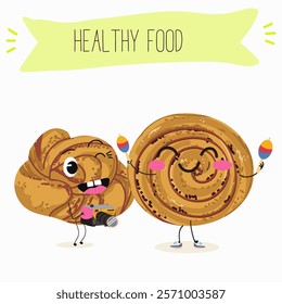 Cinnamon buns illustration, hand drawn, isolated vector illustration, funny pastry cute cheerful characters. Vector hand drawn illistration.