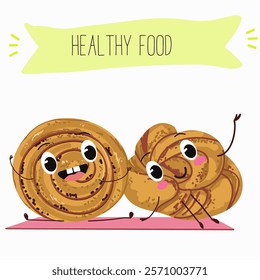 Cinnamon buns illustration, hand drawn, isolated vector illustration, funny pastry cute cheerful characters. Vector hand drawn illistration.