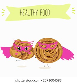 Cinnamon buns illustration, hand drawn, isolated vector illustration, funny pastry cute cheerful characters. Vector hand drawn illistration.