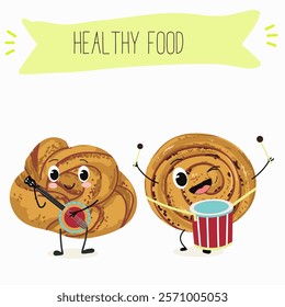 Cinnamon buns illustration, hand drawn, isolated vector illustration, funny pastry cute cheerful characters. Vector hand drawn illistration.