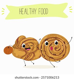 Cinnamon buns illustration, hand drawn, isolated vector illustration, funny pastry cute cheerful characters. Vector hand drawn illistration.