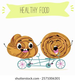 Cinnamon buns illustration, hand drawn, isolated vector illustration, funny pastry cute cheerful characters. Vector hand drawn illistration.