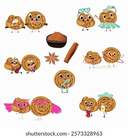 Cinnamon buns illustration, hand drawn, isolated vector illustration, funny pastry cute cheerful characters. Vector hand drawn illistration.