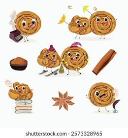 Cinnamon buns illustration, hand drawn, isolated vector illustration, funny pastry cute cheerful characters. Vector hand drawn illistration.