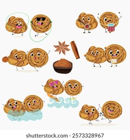 Cinnamon buns illustration, hand drawn, isolated vector illustration, funny pastry cute cheerful characters. Vector hand drawn illistration.