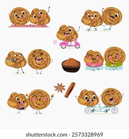 Cinnamon buns illustration, hand drawn, isolated vector illustration, funny pastry cute cheerful characters. Vector hand drawn illistration.