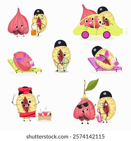 Cinnamon buns illustration, hand drawn, isolated vector illustration, funny pastry cute cheerful characters. Vector hand drawn illistration.