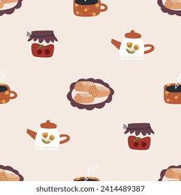 Cinnamon buns, jam, teapot and cup - seamless pattern on beige background. Cute and cozy cafe or bakery elements. Autumn mood.