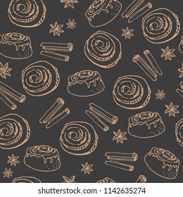 Cinnamon buns on dark background. Seamless pattern for textile prints, gift wrap or wallpaper.