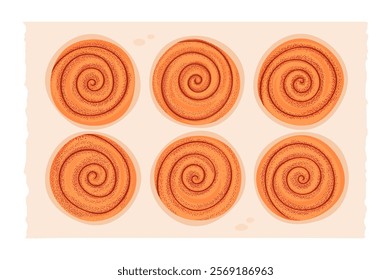 Cinnamon buns on parchment vector illustration. Set of buns with cinnamon on paper with torn edges