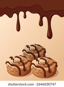 Cinnamon buns rolls and runny chocolate sauce, poster.