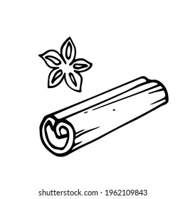 cinnamon and cardamom.  ingredient for cooking. blackline vector on white background.