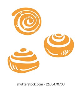 Cinnamon and chelsea buns. Colorful paper cut collection of baked goods isolated on white background. Doodle hand drawn bakery products icons. Vector illustration