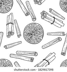 Cinnamon and citrus seamless pattern. Hand drawn spices cinnamon sticks and orange fruit or lemon slice. Medicinal, cosmetic, culinary background. For cafe, spice shop, menu. Organic fresh cooking.