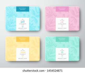 Cinnamon, Clove, Mint and Vanilla Soap Cardboard Boxes Set. Abstract Vector Wrapped Paper Container with Label Cover. Packaging Design. Hand Drawn Spices Background Pattern Layout. Isolated.