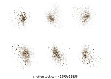 Cinnamon or cocoa coffee color flying grunge texture isolated vector realistic splash background set