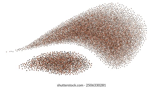 Cinnamon, coffee, cocoa powder splash. spice particles, grainy texture. Wavy swirl splatter trail, dot granules. Isolated on white background. Vector illustration