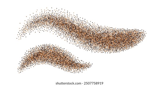 Cinnamon, coffee, cocoa powder splash. spice particles, grainy texture. Wavy swirl splatter trail, dot granules. Isolated on white background. Vector illustration