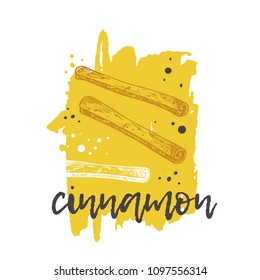 Cinnamon concept design. Hand drawn vector illustration. Herbs and spices. Can be used for farmers market, food festival, menu, cafe, restaurant, bar, poster, banner, emblem, sticker, placard.
